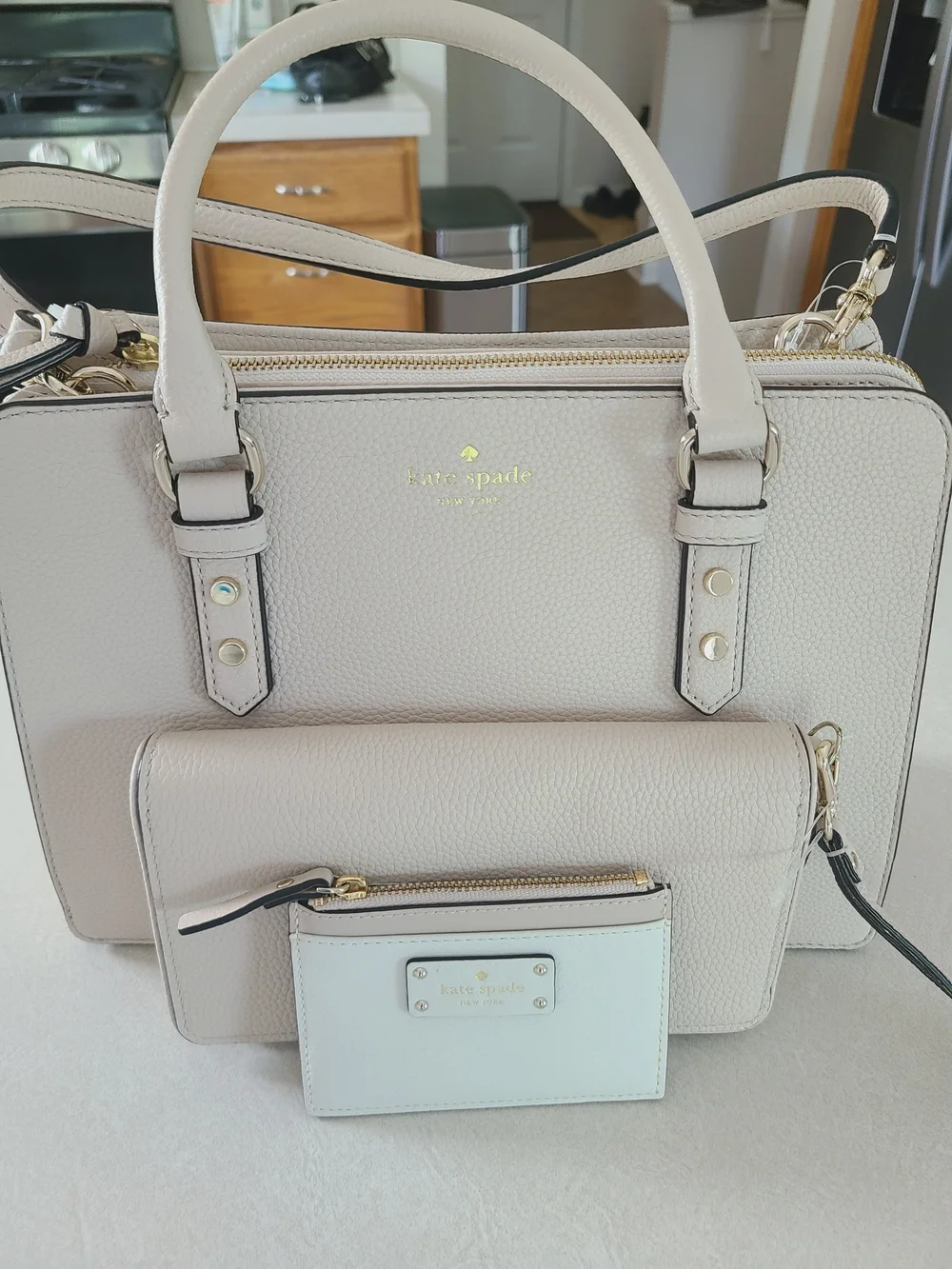NEW kate spade Beige Pebbled Leather Satchel with Matching Pouch and Cardholder